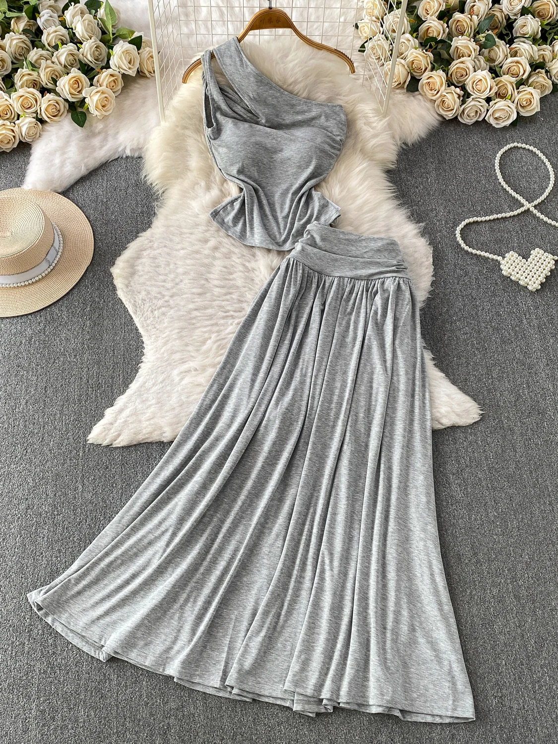 Elegant Sexy Hollow out Single Shoulder Strap Vest with Chest Pad Long Skirt Two Piece Set Slimming Pleated Summer Fashion