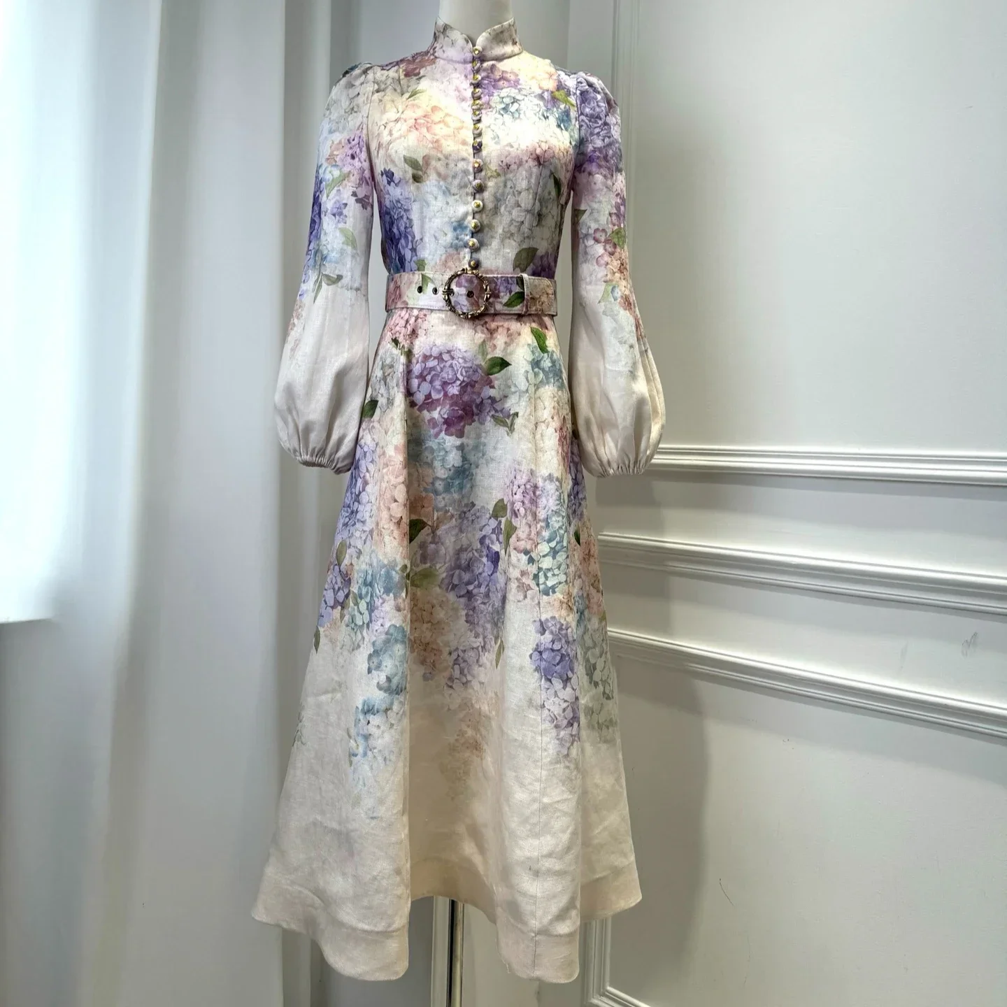 

Highest Quality Version Elegant Summer Dress Australia Luxury Design Vintage Floral Print Lantern Sleeve Long Dresses Linen