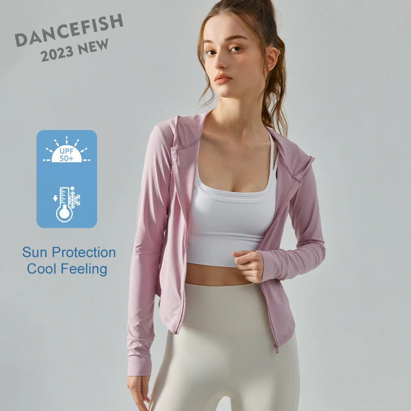 DANCEFISH 2023 Women Pockets Hooded Jacket Sun Protection Cool Feeling Training Lightweight GYM Daily Silm Yoga Zipper Cardigan