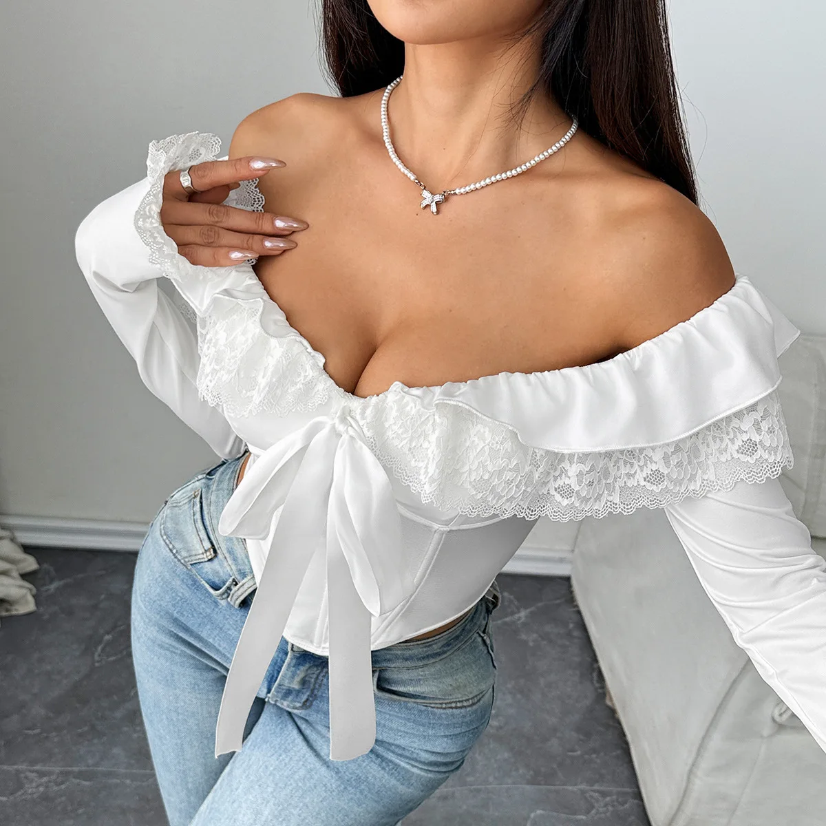 

2025 Woman Clothing Top Women T-shirt Tank Top Female Clothes Bow Fashion Lace Ruffled Off-the-Shoulder Long Sleeve Fitted Top