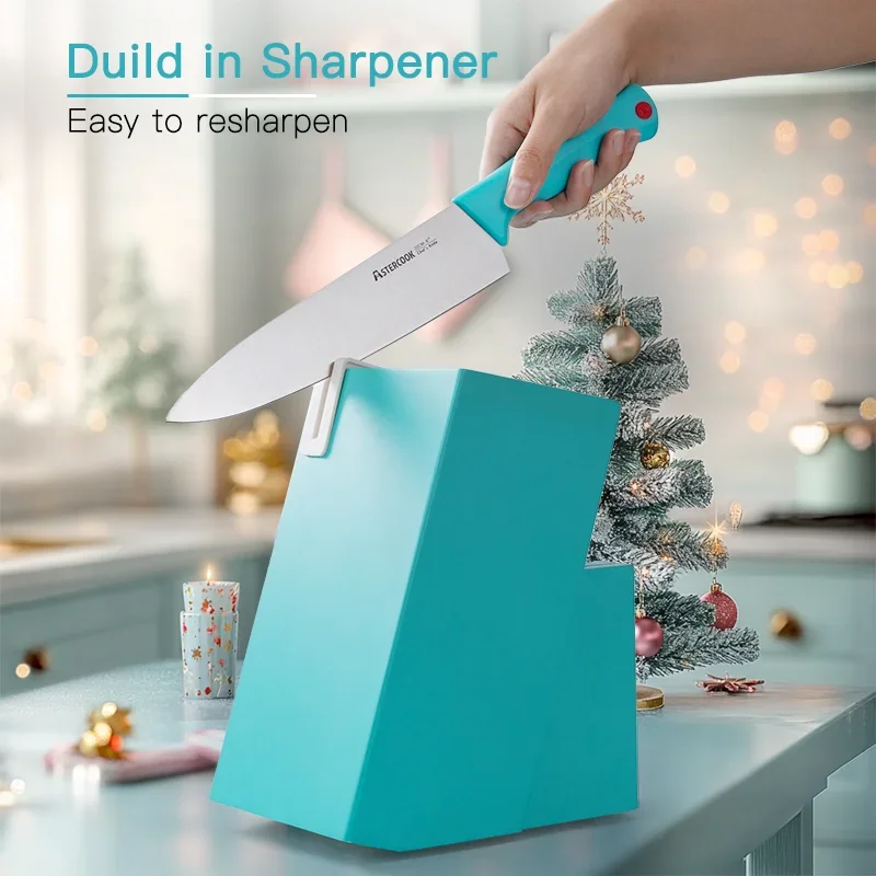 طقم مطبخ مكون من 14 قطعة، طقم مع كتلة مبراة مدمجة، آمنة للاستخدام في غسالة الأطباق، أزرق مخضر