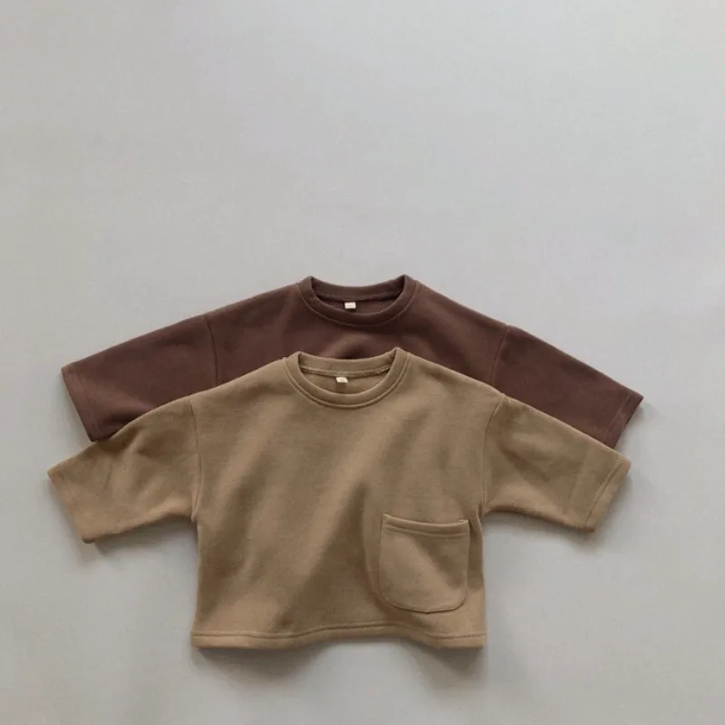 

Autumn Winter New Children Long Sleeve Fleece Bottoming Shirts Baby Boys Girls Solid Thick Pullover Kids Cotton Warm Pocket Tops