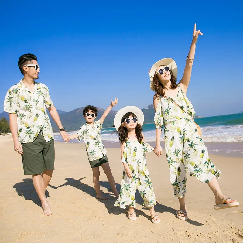 Family Matching 4Pcs Outfits Spaghetti Strap Jumpsuit for Mother Daughter Shirt Shorts Set for Father Son Beach Vacation Sets