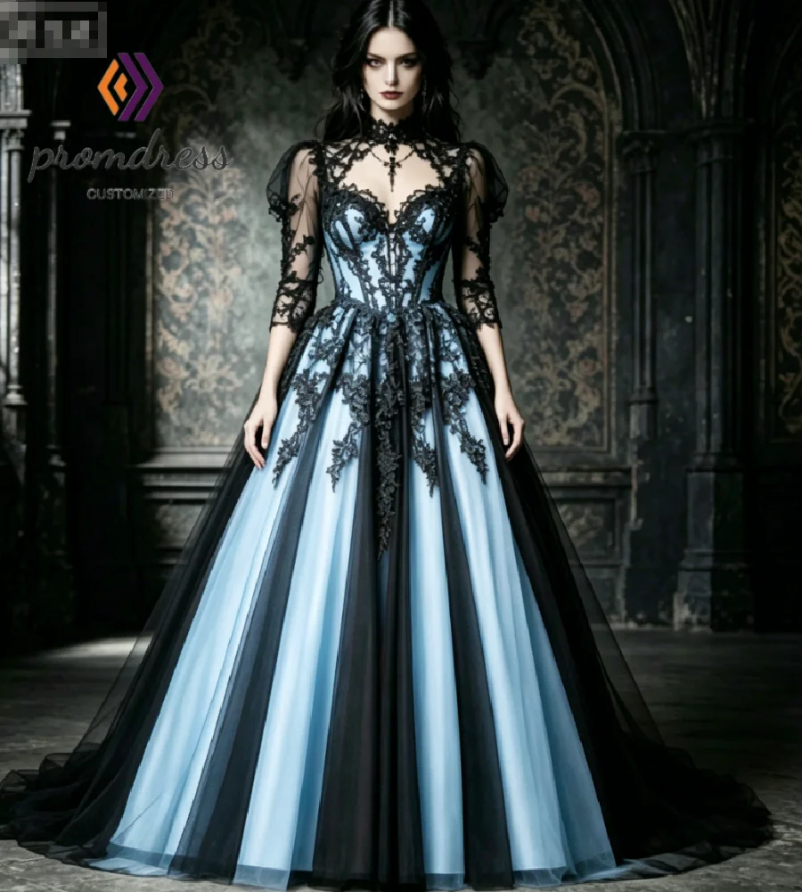 Robe de mariée gothique bleu glacier esthétique, coupe trapèze, en dentelle noire, style vampire, pour Halloween, 2026, Whimsigoth, Cosplay médiéval