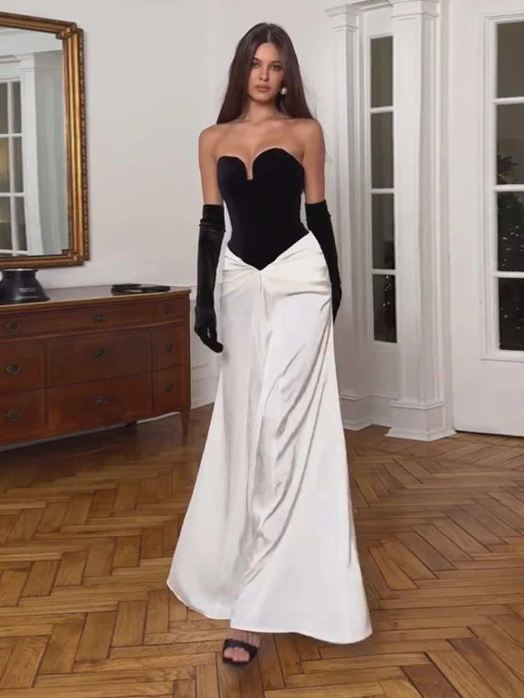 

Элегантное женское платье макси без бретелек с открытой спиной, без плечевых бретелей, с пэчворком и плиссировкой, приталенное, для вечеринок, коллекция 2026