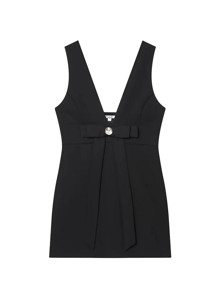 HH Frauen Sommer Elegante Bogen Verziert Seite Zipper Backless V-ausschnitt Kleid Weibliche High Street Casual Ärmelloses Mini Kleid Mujer