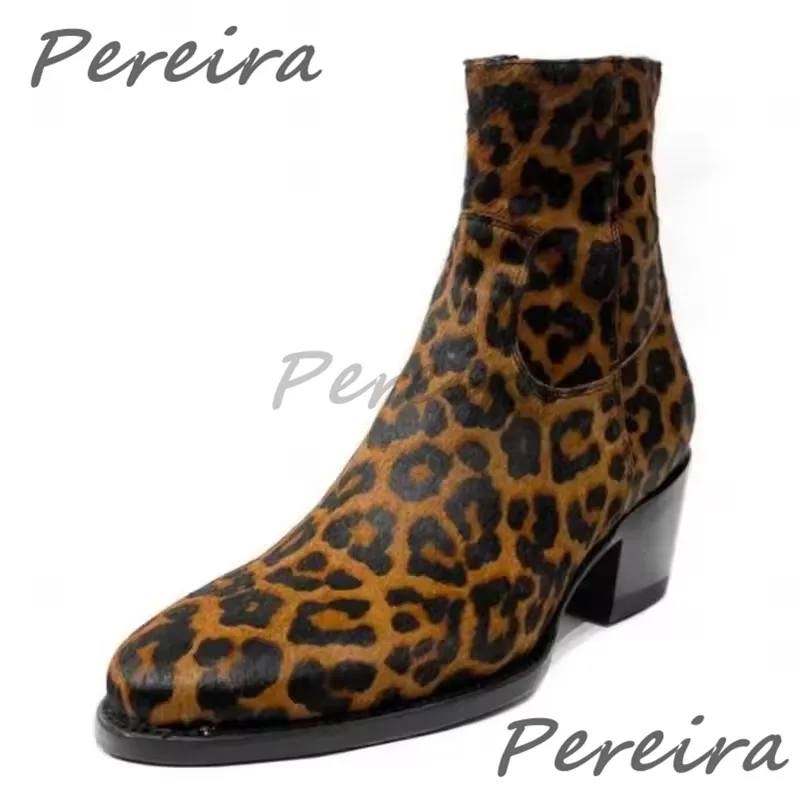 Men's Leopard Print Chelsea Boots Autumn Winter Trendy Horsehair Side Zipper Ankle Boots British Style Genuine Leather Men Shoes