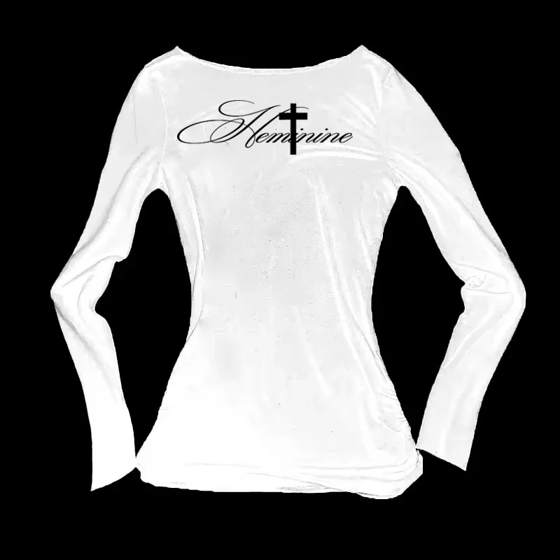 Y2K Harajuku Esthétique Gothique Fairycore T-shirt À Manches Longues Caractère Slim Chic Imprimé Décontracté Haut Court Grunge Punk Hip Hop Streetwear