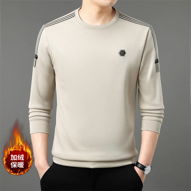 Men's Long Sleeved T-shirt with Round Neck and Velvet Sweatshirt High-end Light Luxury T-shirt for Middle-aged and Young People