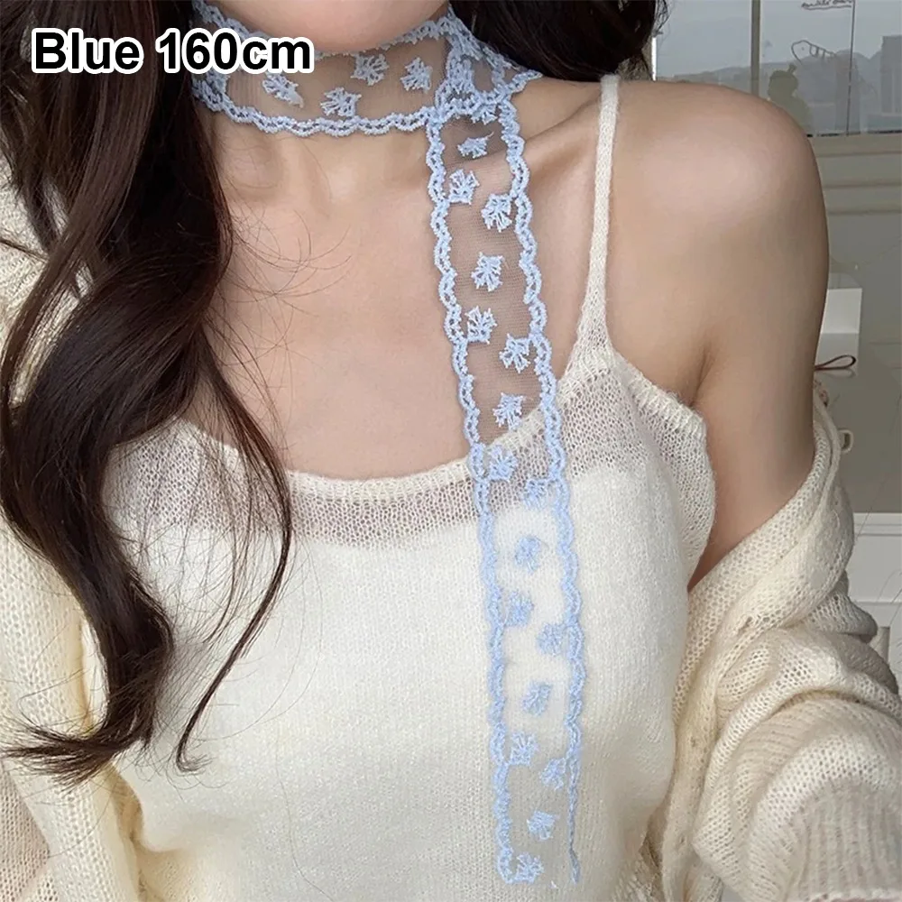 1Pcs Durable Long Ribbon Head Scarf White Embroidery Hair Scarf 160cm Lace Bowknot Hairband Kerchief for Women