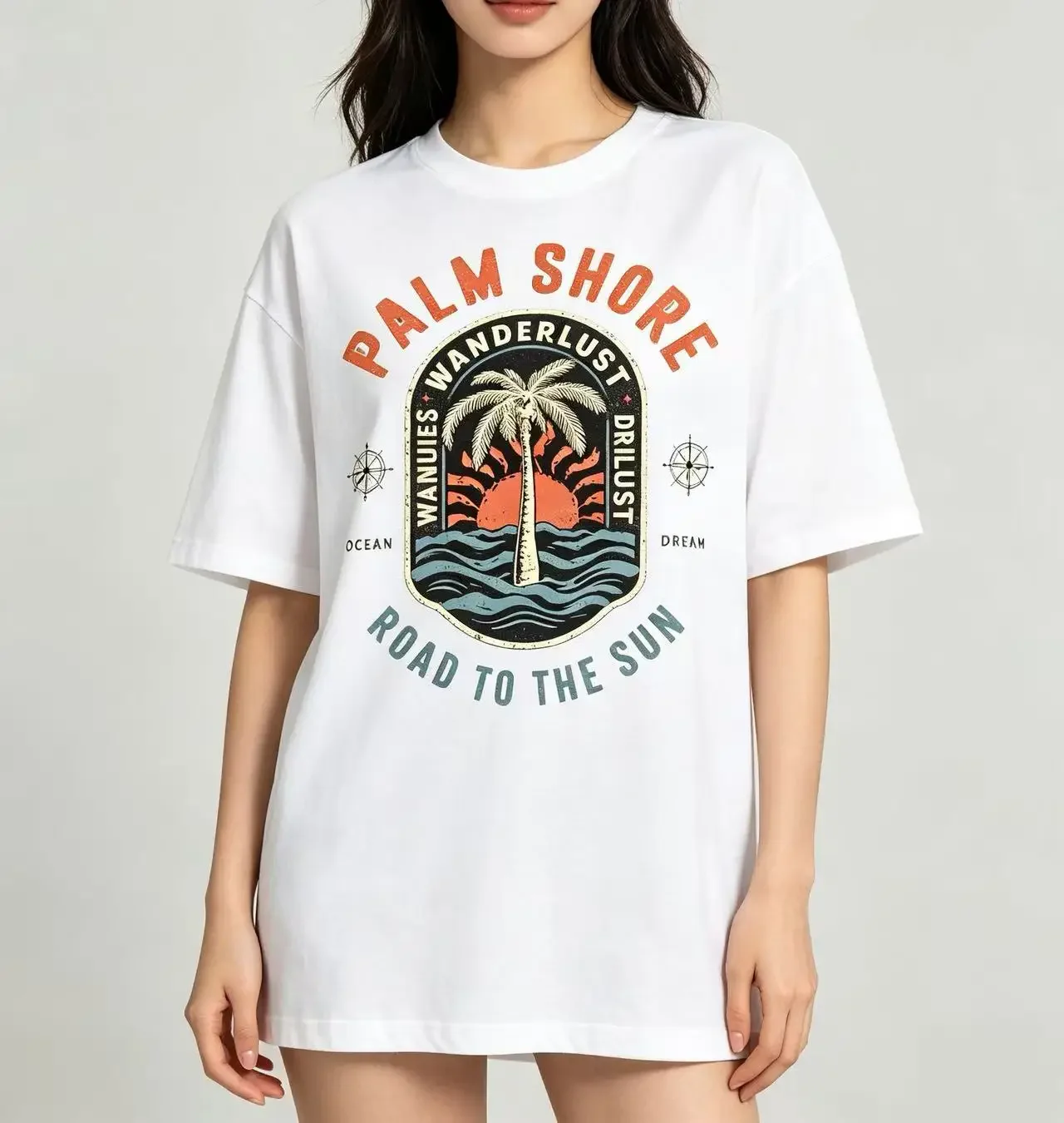 Unisex Palm Shore Wanderlust Vintage Badge Graphic T‑Shirt Men Women Palm Tree Sun Ocean Wave Print Casual Short Sleeve Tee