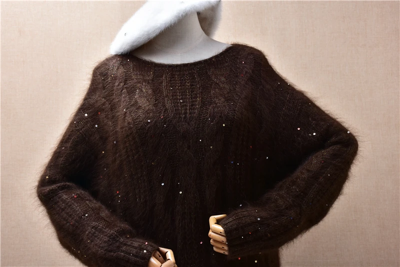 Dames femmes automne hiver mode perles paillettes poilu Angora lapin cheveux tricoté col rond manches longues Pull ample Pull Pull