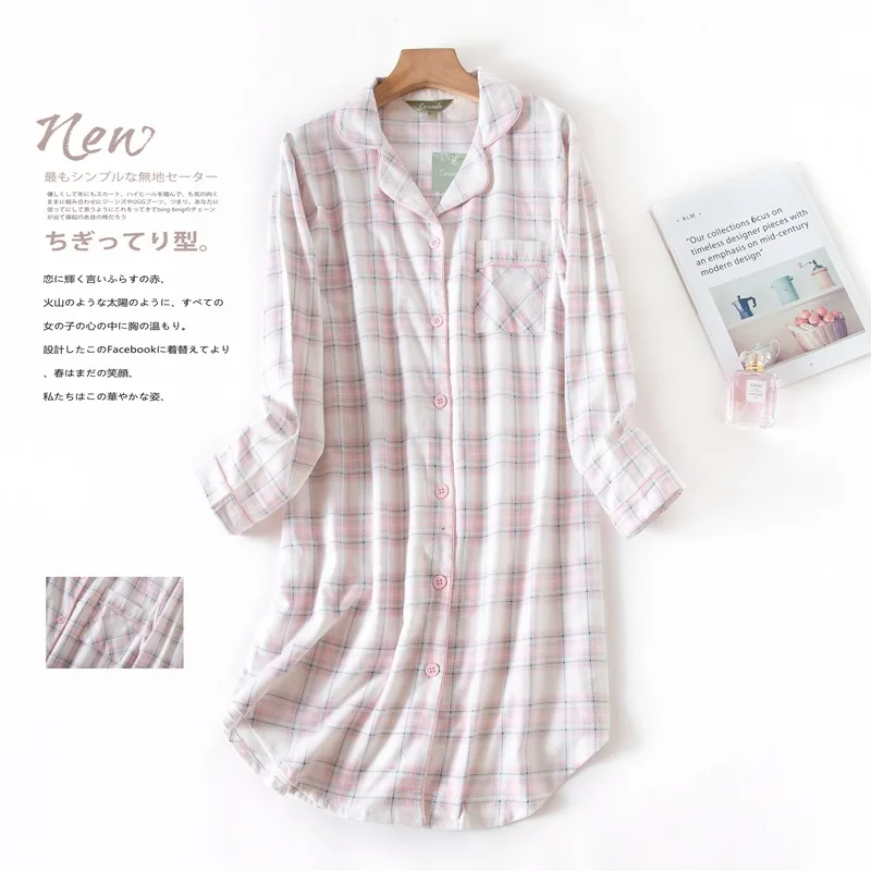 Long Sleeve Sleeping Shirt Nightwear Dress for Woman Plaid Multi Colors Plus Size Shirt Nightdress Cardigan Night for Ladies