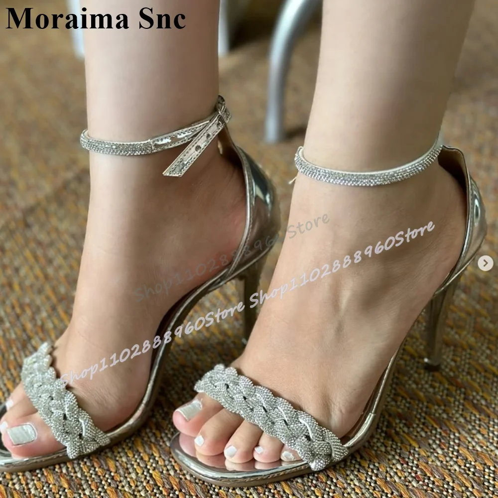 Blingbling Silver Woven Strip Luxury Sandals Thin High Heel Shoes For Women Ankle Buckle Strap Open Toe Banquet Leather Sandals