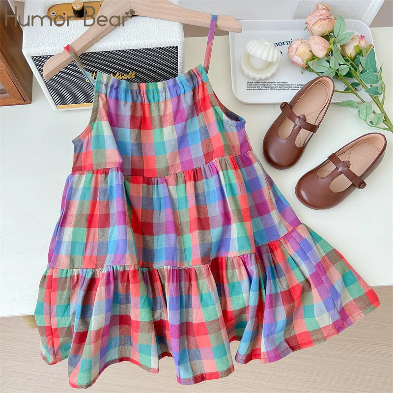 

Humor Bear Girls' Summer New Korean Edition Colorful Plaid Sling Dress Tank Top Beach Skirt Fashion Vestidos Casual Outfit 2-6Y