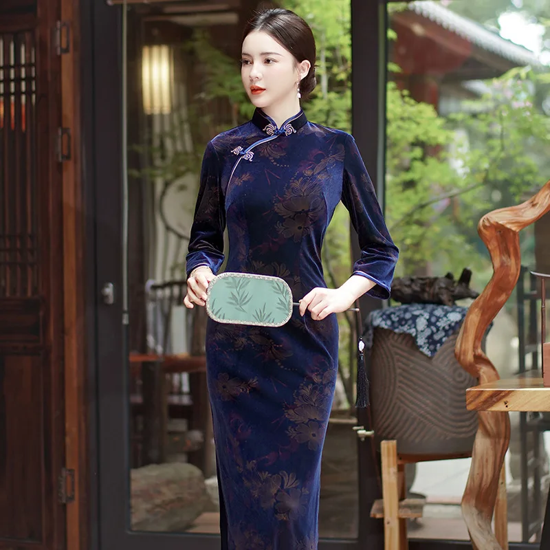 Women Flocking Cheongsam Improved Winter Plus Size Dress Chinese Style Evening Dresses Show Long Qipao Costume 4 Color