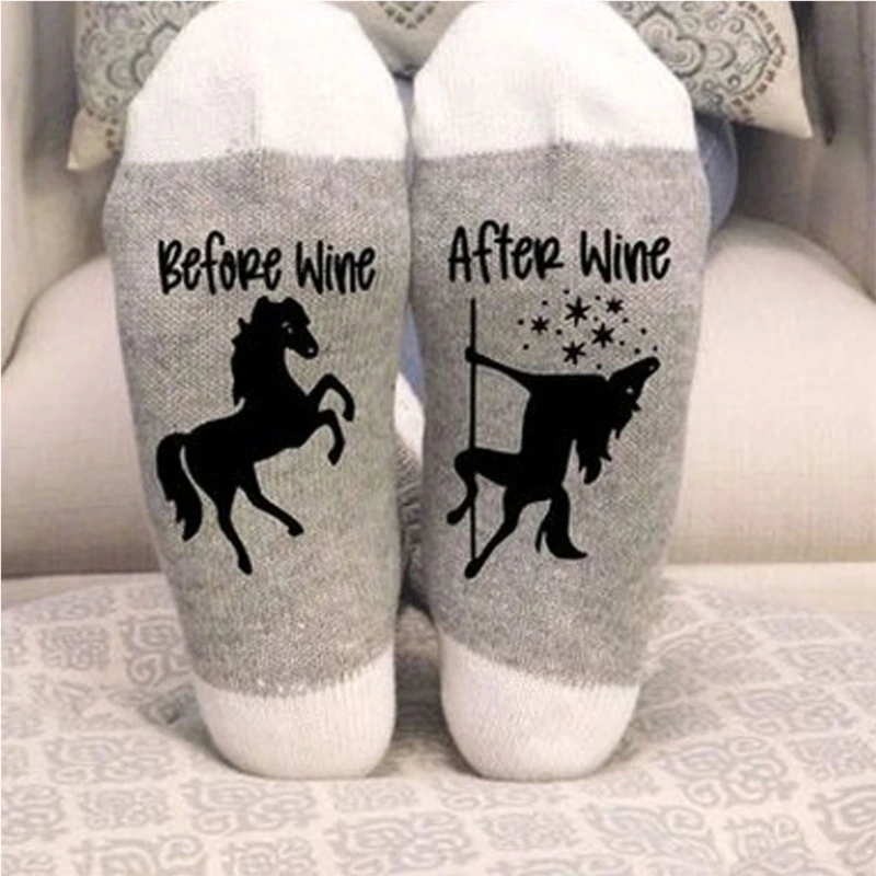 Unisex Funny Saying Cotton Socks Before Wine After Wine Letters Drunken Horse Printed Novelty Tube Drop Shipping