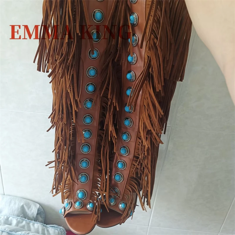 فو الجلود هامش حذاء برقبة للركبة المرأة المفتوحة تو الأحجار الكريمة ديكور خنجر كعب الظهر البريدي الصيف ملهى ليلي عالية الكعب 44 #4