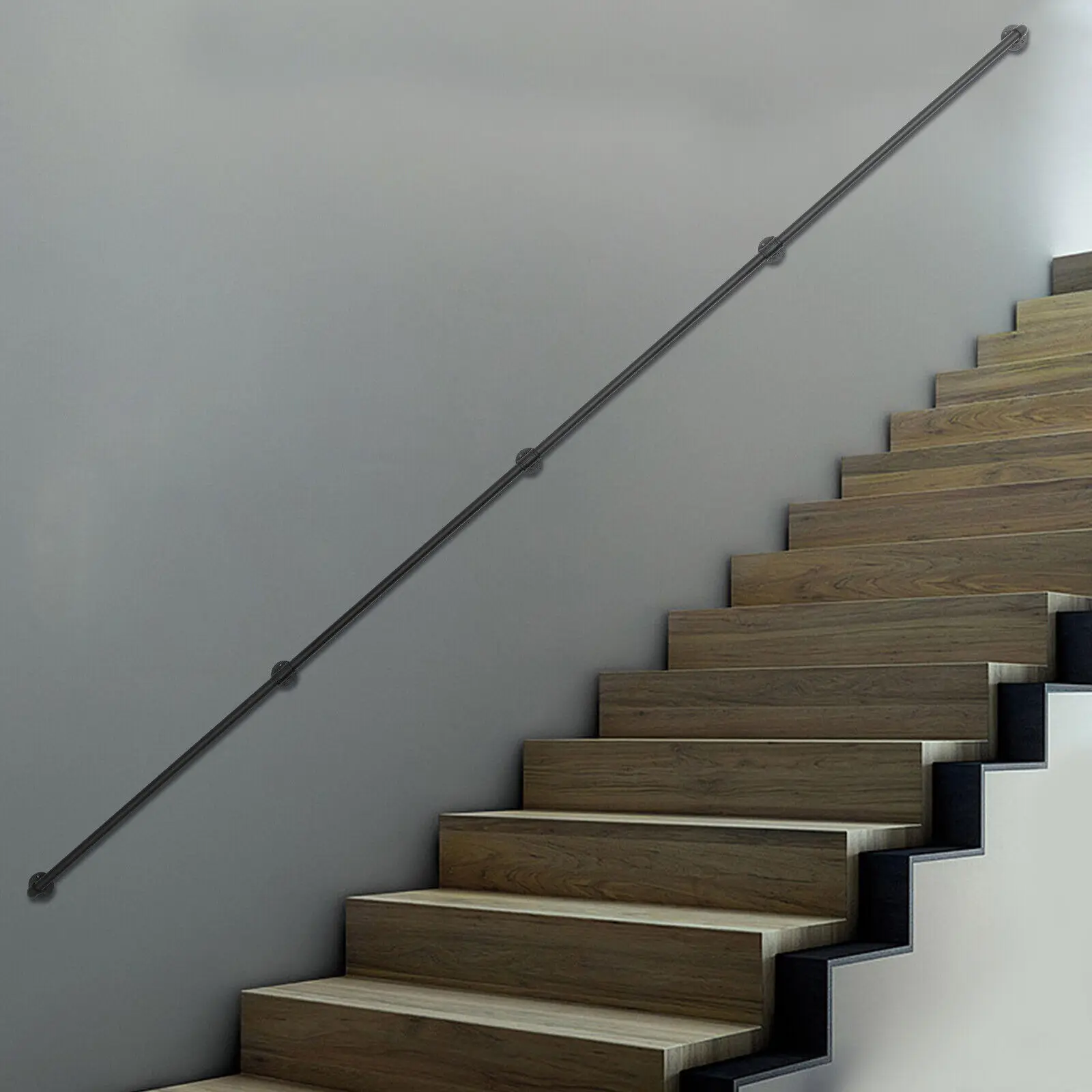 14FT/427cm Industrial Pipe Stair Handrail Wall-Mounted Black Staircase Handrail