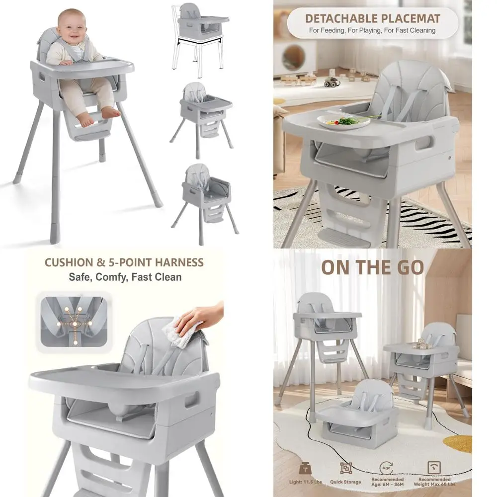 

Серый легкий стульчик для кормления, регулируемый и легко моющийся, подходит для детей от 6 месяцев