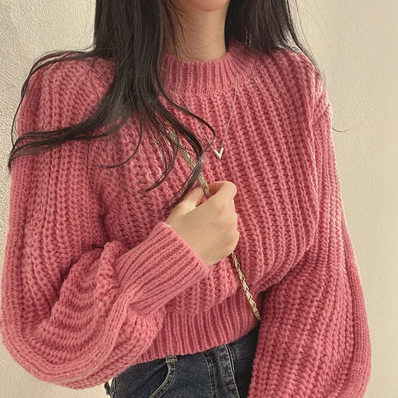 Vintage Harajuku Sweater Women Loose Latern Sleeve Korean Fall Winter Knitted Cropped Tops Soft Warm Chic Solid Jumper Pullover