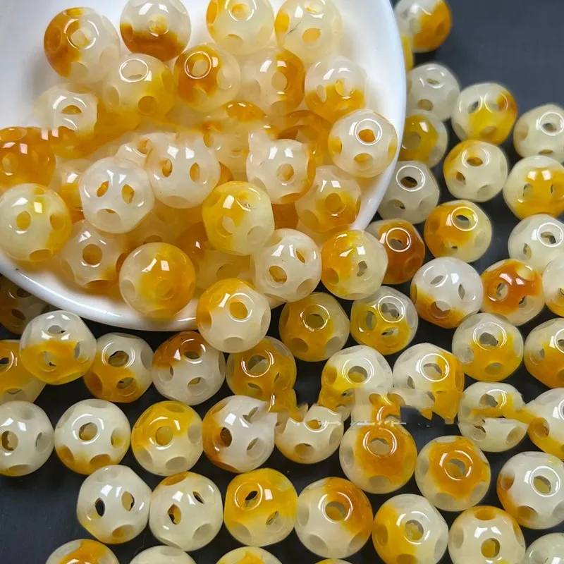 10pieces yellow jade carved round 12-13mm full hole for DIY jewelry making  loose beads  FPPJ wholesale nature