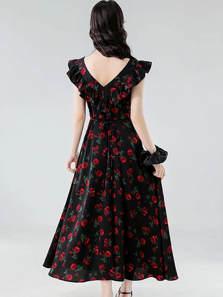 夏黒シフォンレッド花柄シックなフリルスクエアカラードレス女性韓国ヴィンテージヘップバーンドレス 2025 エレガントなボディコンドレス