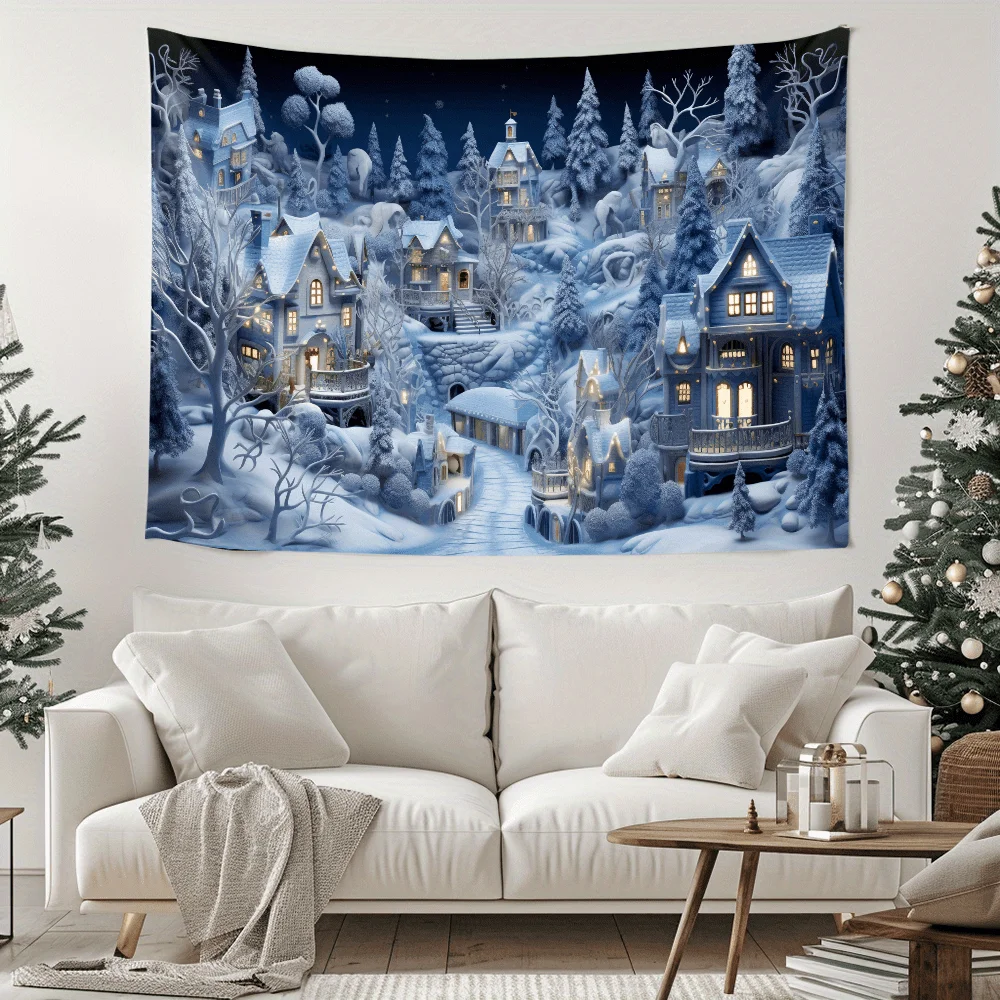 VIKAMA Winter Snow Fairy Town Tapestry Frozen Cabin Pine Forest Fantasy Village Landscape Wall Hanging Bedroom (ABU-024)