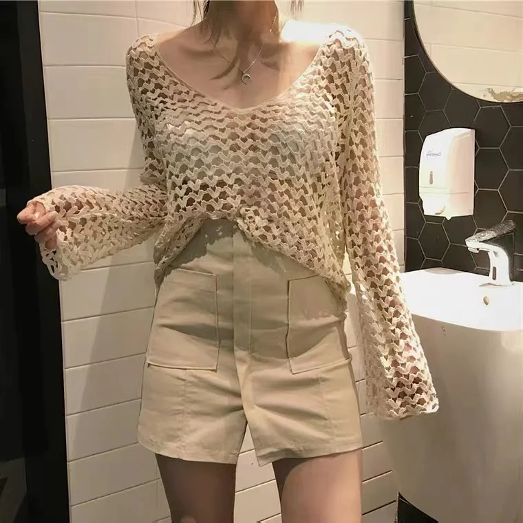 Sheer Crochet Top Long Sleeve Heart Embroidery Openwork Knitted Blouse Pullovers Women Summer Boho Vacation Beach Outfit