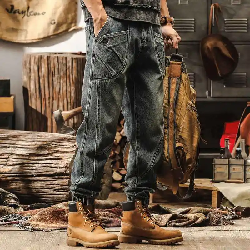 

Высококачественные американские винтажные джинсовые джинсы, мужские осенние новые модные брендовые потертые повседневные брюки с манжетами