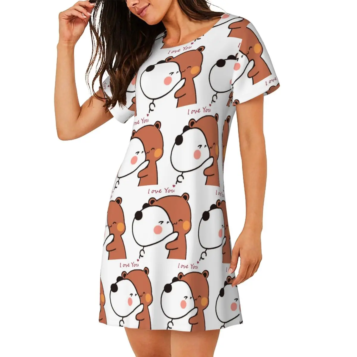 Custom Bubu Dudu Panda And Brownie Bear Couple Short Sleeves Nightdress For Sleeping Women Short Sleeve Nightgowns Pajama Dress