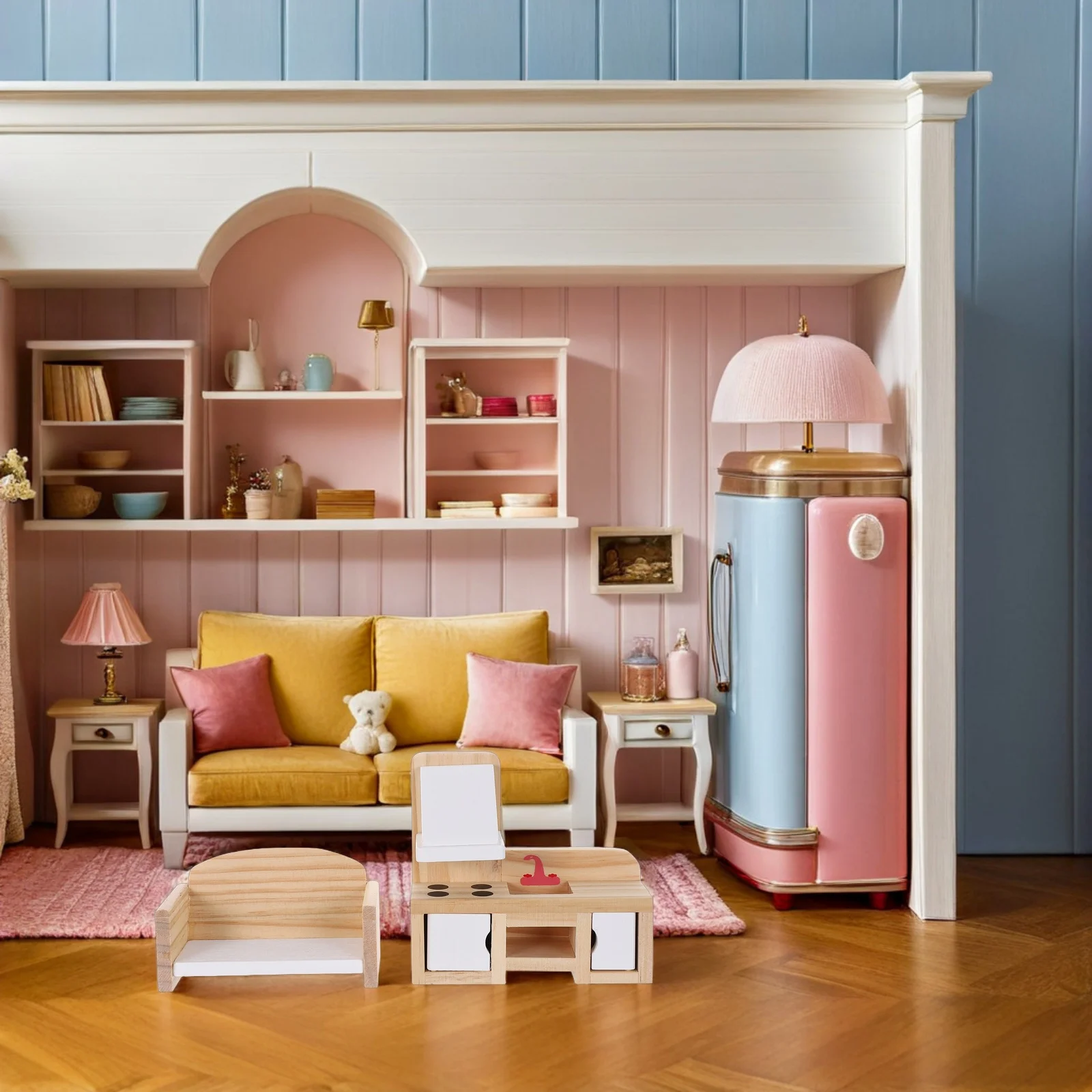 1-set houten mini-meubels voor kinderen, peutertafel, stoelenset, fantasiespel, keuken, rollenspel - Montessori poppenhuisaccessoires