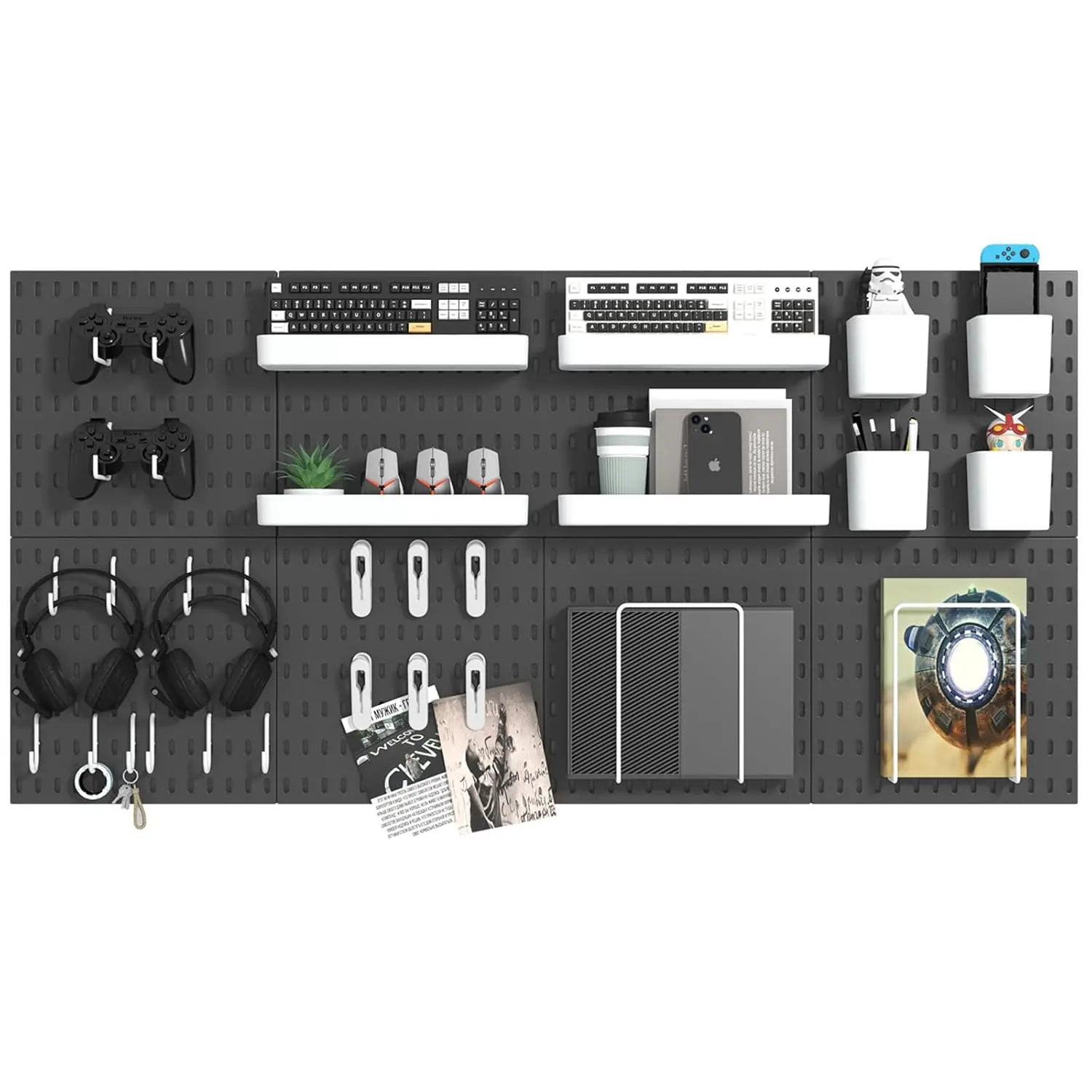 

Pegboard Combination Kit, 8 Peg Boards 30 Accessories Modular Hanging Black Wall Organizer for Office, Keys Holder, Nursery