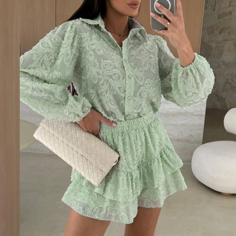2025 Summer Lace Ruffle Loose Women's Two Piece Set Fashion Lapel Button Shirt and Shorts Suit Casual Long Sleeved Beach Outfit