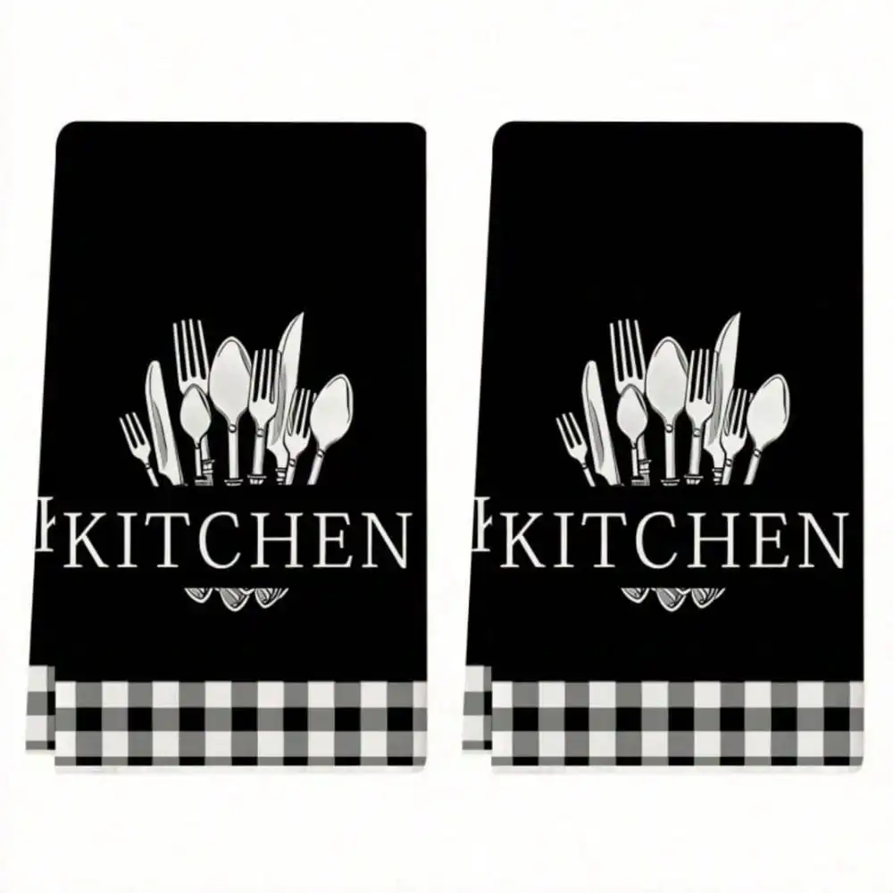 

2/4 шт. кухонных полотенец с узором в виде столовых приборов, праздничные декоративные полотенца, мягкие впитывающие салфетки для сушки, клетчатые чайные полотенца