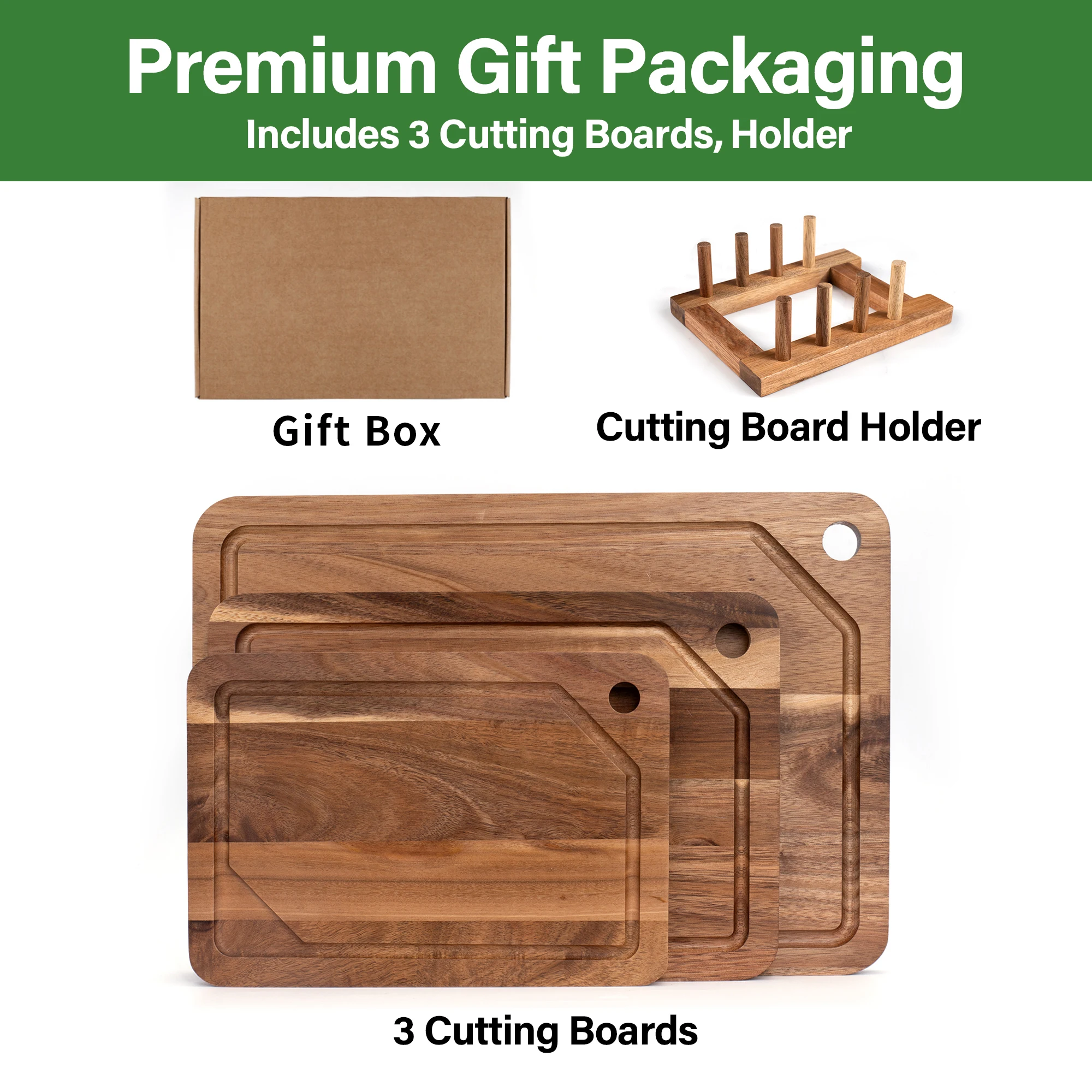 3Pcs Acacia Wood Cutting Board Set Bamboo Chopping Board Double-Sided Chopping Block for Meat,Bread and Cheese with Juice Groove