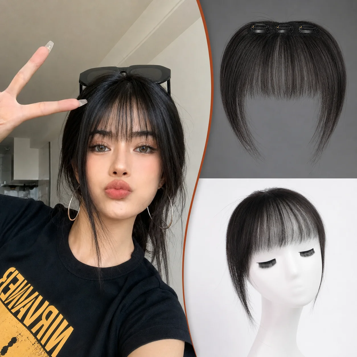 100% Real Human Hair Clip in Bangs 3D Wispy French Fringe Breathable Lace Base Natural Hair Extensions for Women 3 Clips