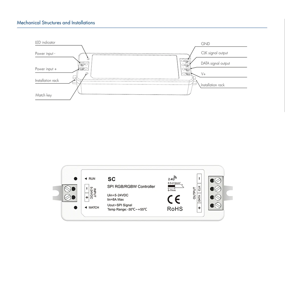 Skydance SC DC5-24V 2.4GHzRF 8A SPI 1024Pixel TTL Controller for WS2811 WS2812 WS2813 WS2815 UCS1903 RGBIC/RGBWIC LED Strip
