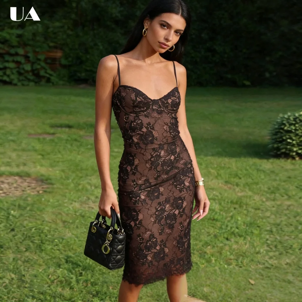 

Elegant Lace Spaghetti Strap Midi Prom Dress, Trendy Sheath Sweetheart Neck Dress for Woman, Fashionable Cocktail Party Dress