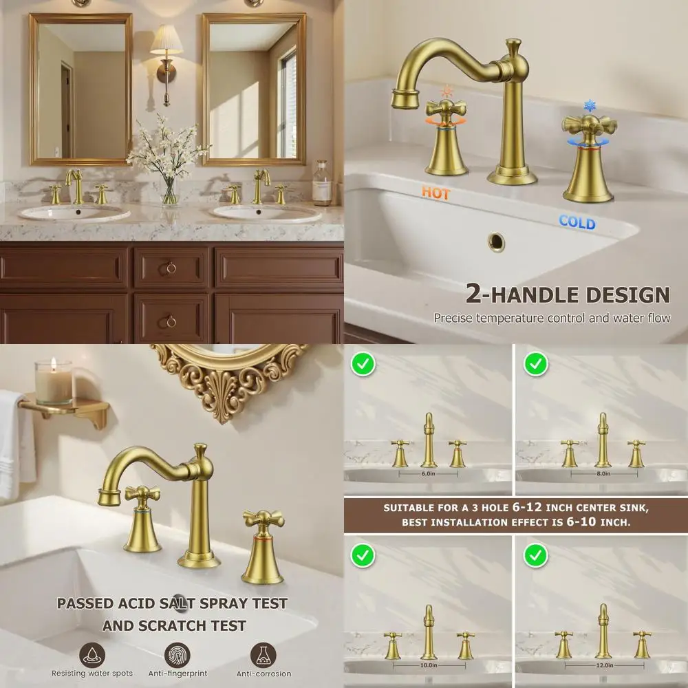

8 Brushed Gold Widespread Sink Faucet with 3 Holes, Vintage Cross Handles, Metal Pop-Up Drain & Hoses for Bathroom Vanity, RV, F