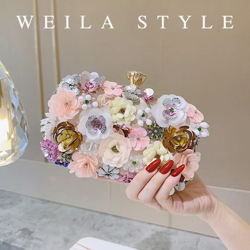 

3D Beaded Floral Evening Bag, Elegant Box Clutch Purse, Women's Wedding Party Prom Handbags