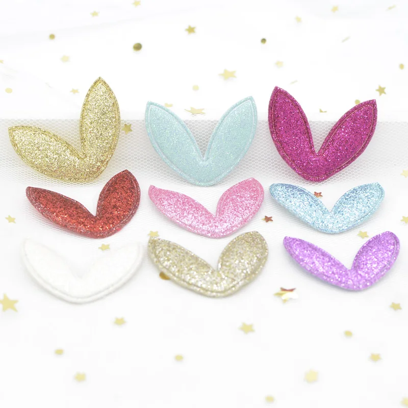 40Pcs 38*30mm Glitter Fabric Rabbits Ears Applique Padded Patches for DIY Hair Hoop, Clips, Band, Headdress, Hairdress Decor