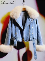 Real Fox Fur Denim Fleece Padded Coat Women Autumn Winter New Fashion Warm Long Sleeve Coat Coat Ladies Versatile Denim Jacket