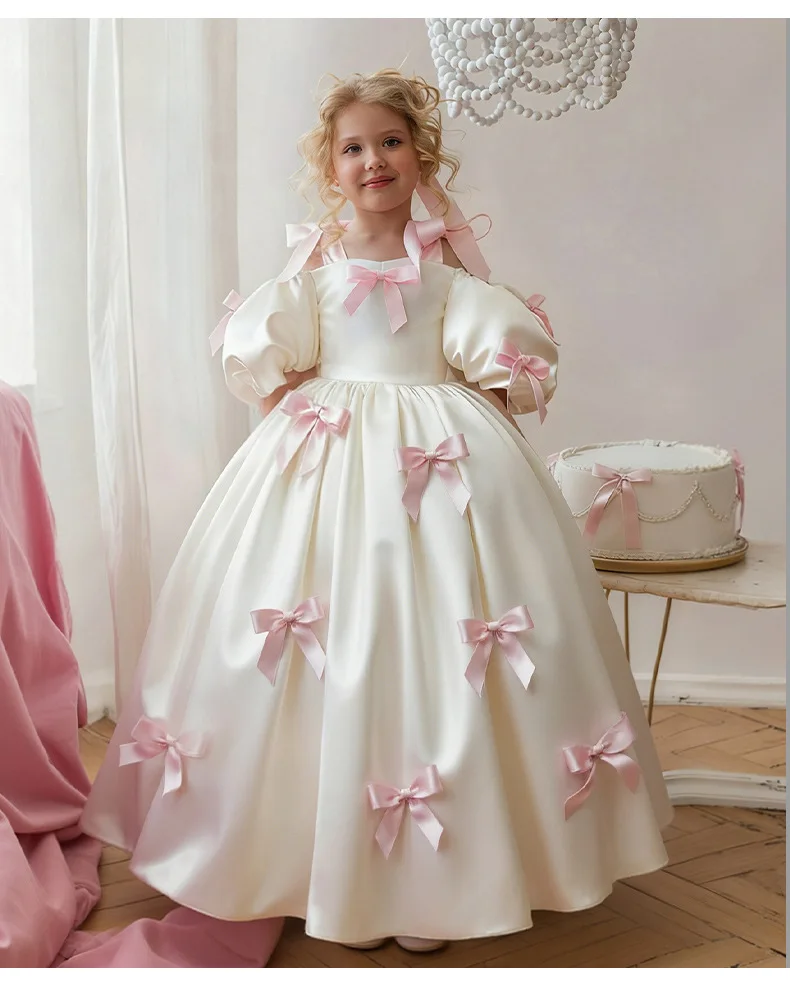 

Children's Bubble Sleeve Princess Dress Little Girl Birthday Party Pink Bow Ball Gowns Long Evening Dress Children Clothing
