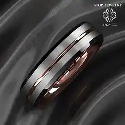 ATOP 6Mm Silver Brushed Black with Rose Gold Men Tungsten Wedding Band Ring