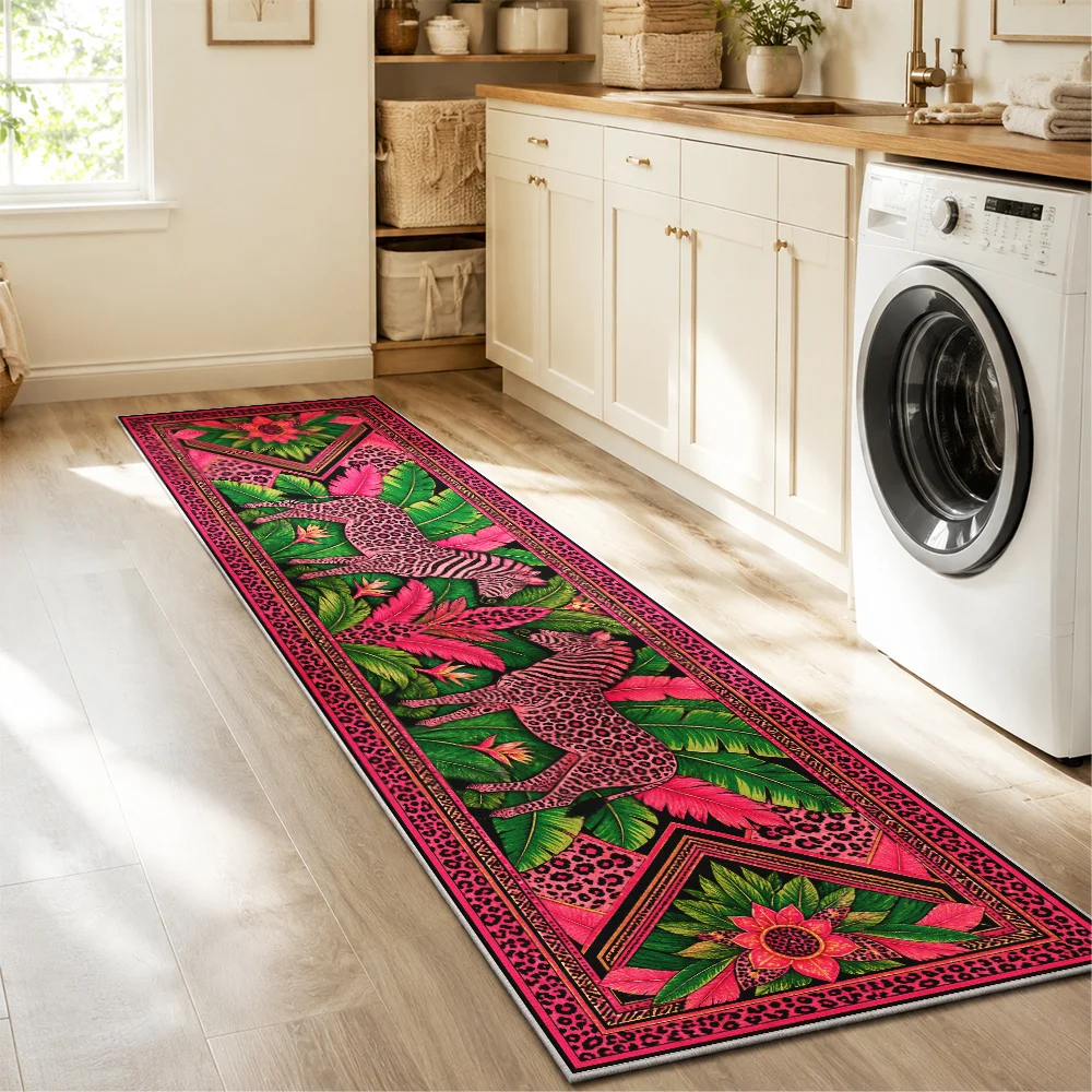 Vibrant Zebra Runner Rug Pink Leopard Border Leaf Carpet For Kitchen Hallway Laundry Room Balcony Welcome Long Floor Mat New
