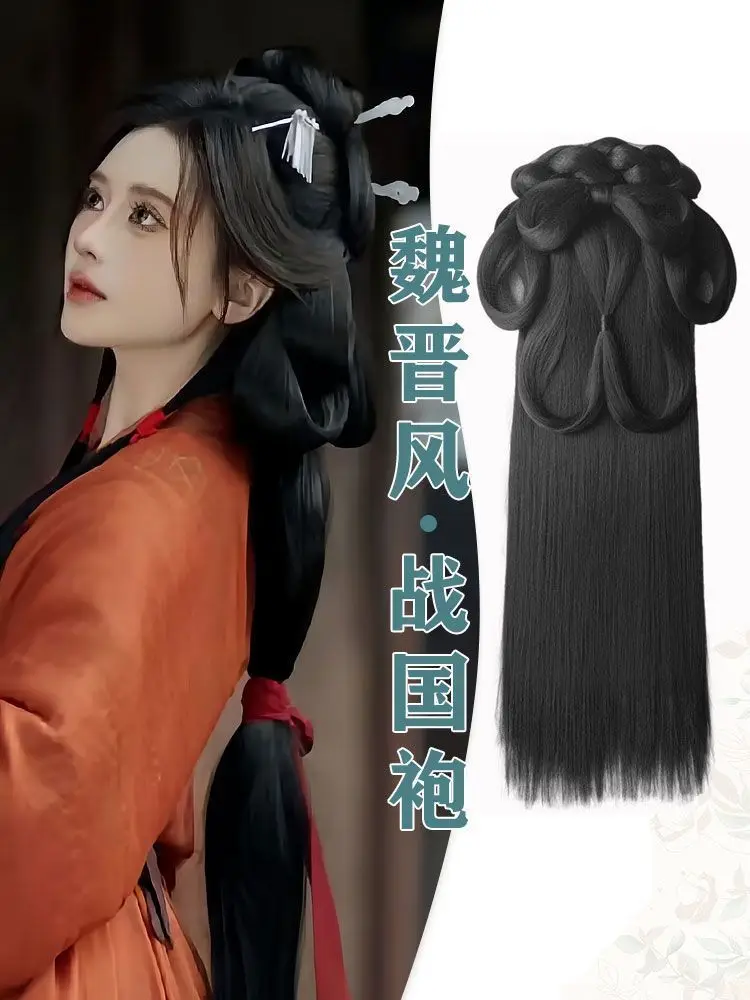 Sistema de cabelo hanfu dos estados de guerra-peruca completa estilo wei-jin com saia de rosto de cavalo acessórios peruca cosplay chinesa antiga