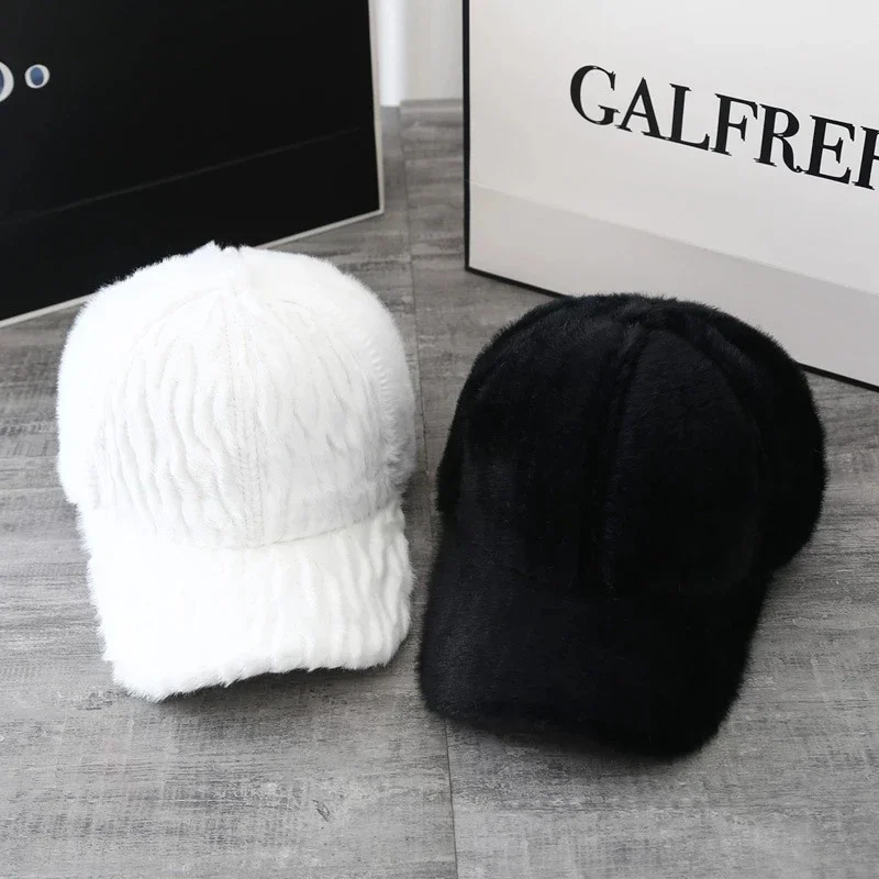 2024 Women\'s Autumn Winter Rabbit Wool Solid Baseball Caps Female Cute Sweet Thicken Warm Plush Adjustable Couple Hats Gorras