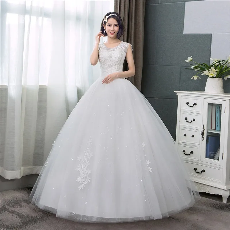 Hot Sale Korean More Pearls Appliques Lace Ball Gown Cheap Wedding Dress 2022 New Fashion Sweet O-Neck Summer Estidos De Noivas