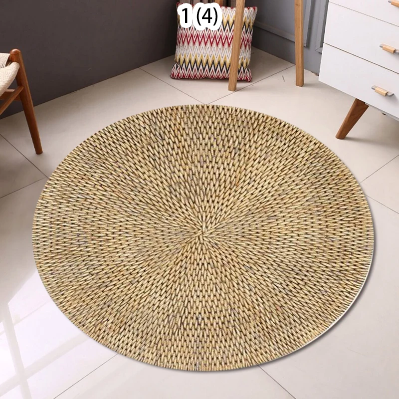 Jute Mandala Rug Round Straw Texture NonSlip Carpet For Living Room Bedroom Bedside Boho Vintage White Flower Floor Mat
